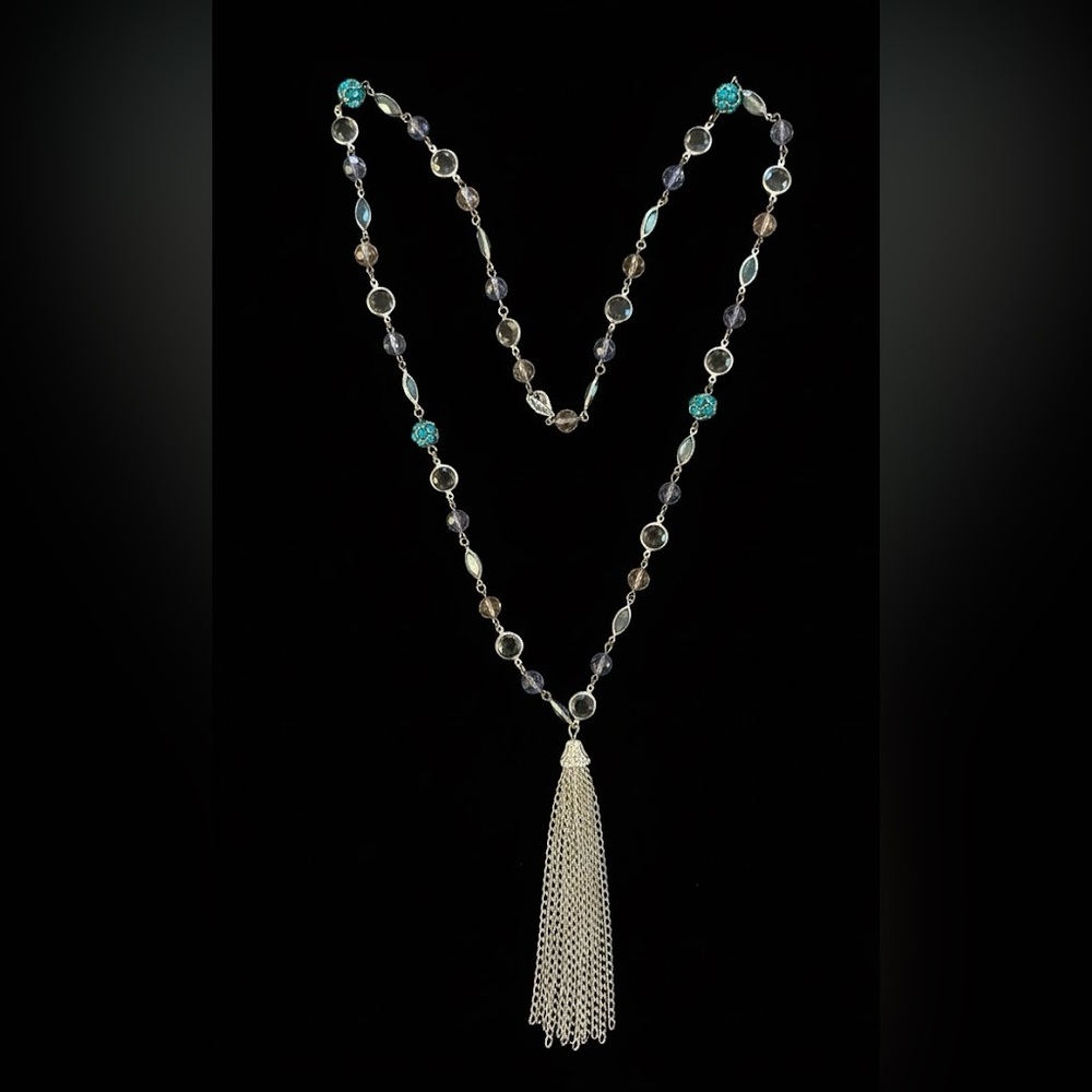Avenue Long Sautoir Lariat Tassel Necklace Smokey Pastel Beads 38” Silver Chain